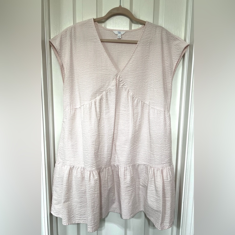 Time and Tru Cotton Blend Pink and White Seersucker Babydoll Dress Size L EUC